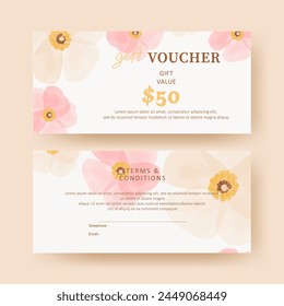 Gift voucher. Coupon template with watercolor pink flower decoration. elegant aesthetic design. good for boutique, jewelry, floral shop, beauty salon, spa, fashion, flyer, banner design