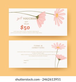 Gift voucher. Coupon template with watercolor pink flower decoration. elegant aesthetic design. good for boutique, jewelry, floral shop, beauty salon, spa, fashion, flyer, banner design.