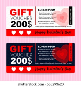 gift voucher coupon for valentine day with text and red hearts, vector illustration