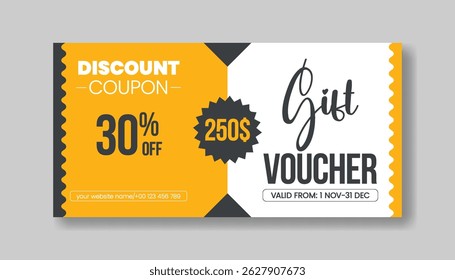 Gift Voucher and coupon vector Template for  Promotional Sale Discount horizontal editable Banner design, Shopping gift card Voucher layout, discount voucher graphic template