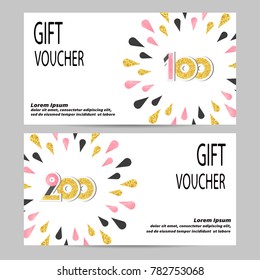 Gift voucher design with golden, black and pink drops. Vector template for gift coupon, certificate, flyer, invitation, banner.