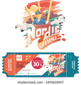 Gift Voucher Design With Illustration Nordic Vacation Flying Balloon