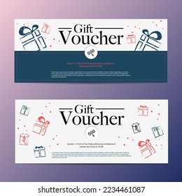 Gift voucher design with present box line drawing for coupon or card sale promotion background template.