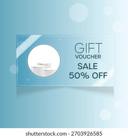 Plantilla de diseño de cupones de regalo con 50% de descuento de venta y podio de exhibición de Producto moderno, ideal para promociones de belleza y moda