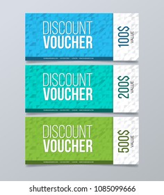 Gift voucher design template. Blue and green geometrical banner background.