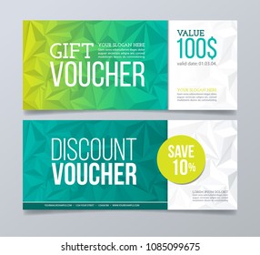 Gift voucher design template. Blue and green polygonal banner background.