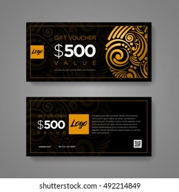 Plantilla de diseño de cupón de regalo. Patrón de pergamino negro y oro de lujo. Los elementos se clasifican por separado en el archivo vectorial.