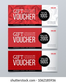 Gift voucher design template. Modern red geometric banner background.