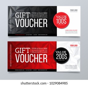 Gift voucher design template. Red and black polygonal banner background.