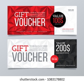 Gift voucher design template. Red and black polygonal banner background.