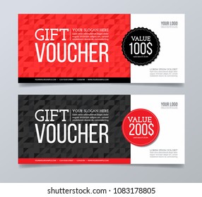 Gift voucher design template. Red and black geometric banner background.