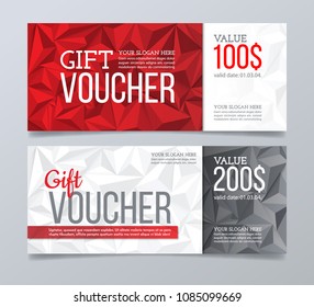 Gift voucher design template. Red and black polygonal banner background.