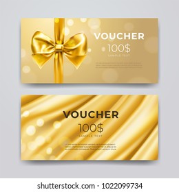 Gift voucher design template. Set of premium promotional card with realistic golden bow, ribbon and silk isolated on bokeh background. Discount certificates, coupon or leaflet. Vector 3d illustration.