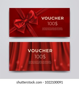 Gift voucher design template. Set of premium promotional card with realistic red bow, ribbon and silk isolated on bokeh background. Discount certificates, coupon or leaflet. Vector 3d illustration.