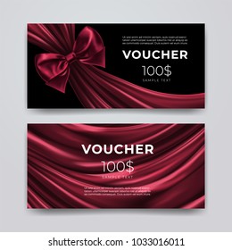 Gift voucher design template. Set of premium promotional card with realistic dark red bow and silk isolated on black background. Discount certificates, coupon or leaflet. Vector 3d illustration.