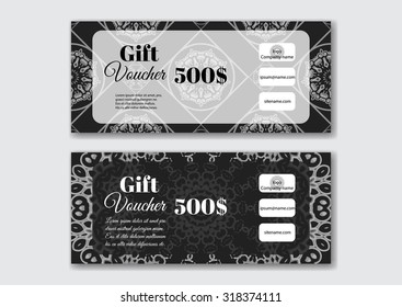 Gift voucher design templates with silver pattern with arabic, indian or ottoman motifs. Vector illustration