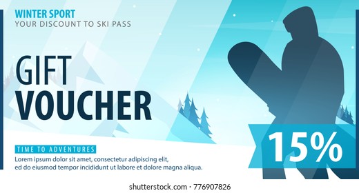 Gift voucher with diagonal lines and a place for the image. Universal flyer template for advertising winter sport