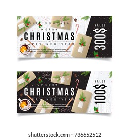Gift Voucher Discount Template for Christmas Sale. Design of coupon usable for invitation and ticket. Vector Illustration with Festive Decoration. Beautiful Greeting Card with Seasonal Offer.