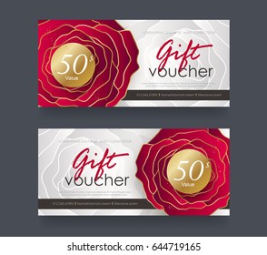 Gift Voucher discount template with red flower luxury pattern.Vector template for gift card premium pattern. Vector illustration.