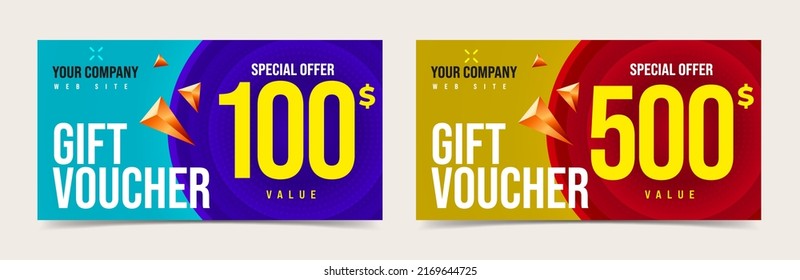 Gift voucher discount value template set. Special offer coupon present design. Retail shopping invitation promotion vector illustration