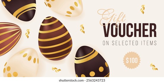 Gift voucher for Easter holiday. Template of promotion and shopping with chocolate golden eggs. Vector illustration for ad, promotion, flyer, brochure, discount, advertisement