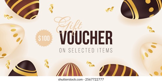 Gift voucher for Easter holiday. Template of promotion and shopping with chocolate golden eggs. Vector illustration for ad, promotion, flyer, brochure, discount, advertisement