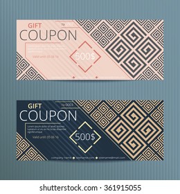 Gift voucher with elegant design. Gift card template. Coupon discount template with greek design.