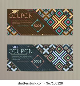 Gift voucher with elegant design. Coupon discount set. Sales card with ethnic ornament.