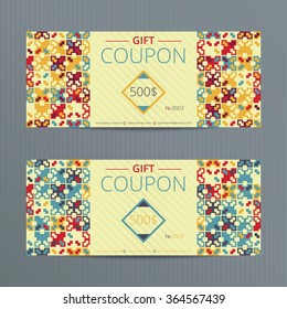 Gift voucher with elegant design. Sales card template. Coupon discount set with random colored elements.