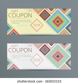 Gift voucher with elegant design. Sales card template. Coupon discount set with random colored squares.