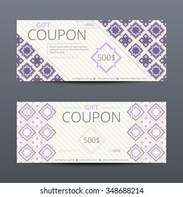 Gift voucher with elegant geometric design. Vector template for coupon or discount card in soft colors.