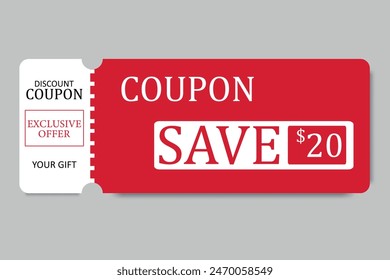 Gift voucher element template. Promotional voucher code for 20%. Shopping, marketing, food and drink, business. Vector illustration.