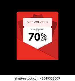 : Gift voucher with extra discount bonus up to seventy percent off with red envelope. Vector design for promo, marketing, promotion, web, marketplace or social media.