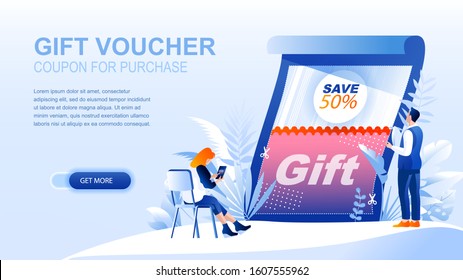 Gift voucher flat landing page with header. Coupon for purchase banner vector template. Gift certificate, advertisement, promotion, discount, bargain, special offer in shop and store