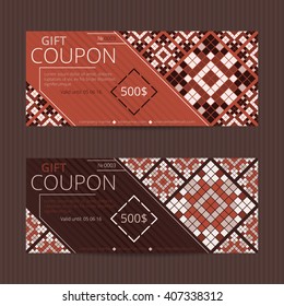 Gift voucher with geometric elegant design. Vector template for coupon or discount card. Mosaic tickets.