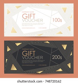 Gift voucher with geometric gold decor. Festive gift coupon with an abstract pattern of polygons  Vector template for gift card, coupon and certificate for a spa, beauty salon, shops and restaurants