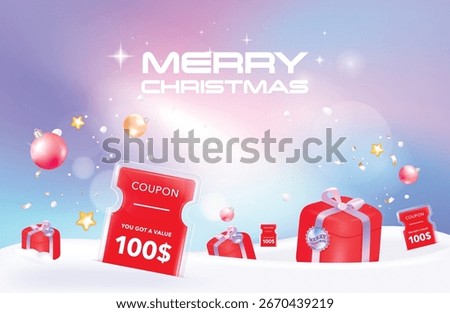 Gift voucher glossy red coupon banner Discount online shopping on Holography Vibrant Gradient background with gift and decorations background.