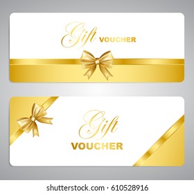 Gift voucher with gold bow and border. Holiday card template set. Vector illustration.