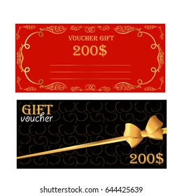 Gift Voucher. Gold Ribbon and Badge on an Elegant Background.Two gift vouchers with red and gold bow. Vector illustration.