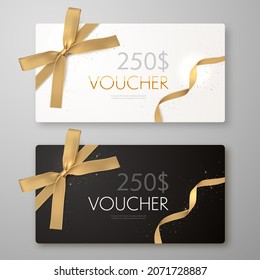 Gift voucher with gold ribbon and bow. Discount luxury coupon. Vector illustration