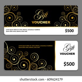 Gift voucher with gold swirls pattern. Holiday cards template set. Vector illustration.