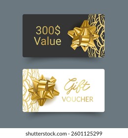Gift voucher with golden bow and ornament