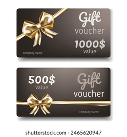 Gift Voucher with golden realistic bow and ribbon set.