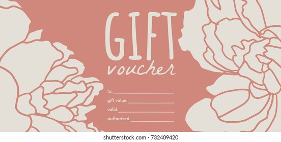 a gift voucher with hand drawn elements; creative vector banner with peony flower;  design concept for gift coupon, invitation, certificate, flyer, ticket.