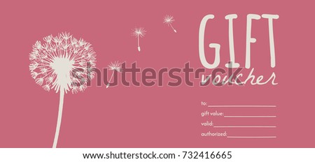 a gift voucher with hand drawn elements; creative vector banner with a dandelion and flying seeds;  design concept for gift coupon, invitation, certificate, flyer, ticket.