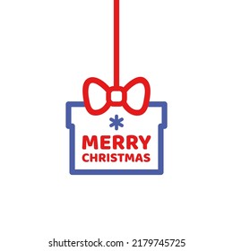 Gift voucher with hanging gift box frame on white background. Holiday Invitation Card, Funny New Year or Merry Christmas simple label design, poster banner, birthday present with ribbon bow