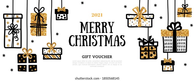 Gift voucher with hanging doodle gift boxes, black line and gold glitter texture on white background. Holiday Invitation Card, Glowing New Year or Christmas Certificate for Shopping.