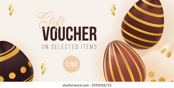 Gift voucher for Happy Easter day. Template of promotion and shopping. Chocolate eggs with golden pattern. Vector illustration for ad, promotion, flyer, discount, advertisement