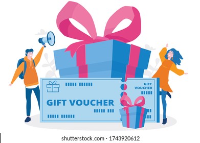 Gift voucher, happy people win a prise. Vector illustration for web banner, infographics, mobile. 