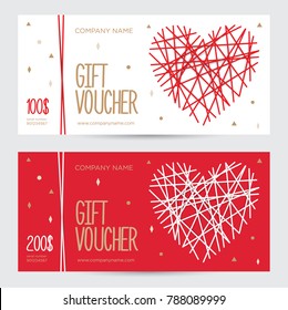 Gift voucher with heart for Valentine's day. Heart on a red background. Vector design template for coupon and certificate for a spa, beauty salon, shops, cosmetics and restaurants